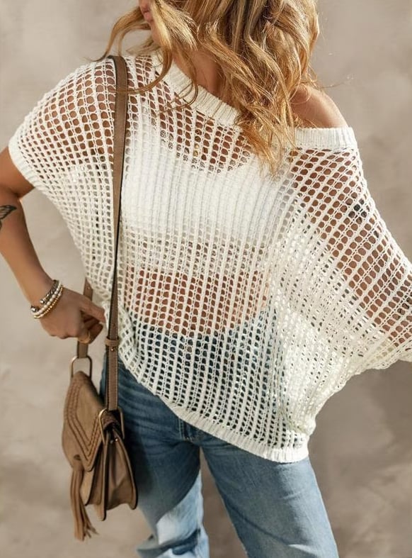 ๐2025 New Hot Sale- Womens Summer Scoop Neck Short Sleeve Sweater Casual Crochet Hollow Out Knit Tops Pullover Shirts Beach Coverup