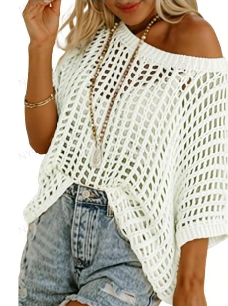 ๐2025 New Hot Sale- Womens Summer Scoop Neck Short Sleeve Sweater Casual Crochet Hollow Out Knit Tops Pullover Shirts Beach Coverup