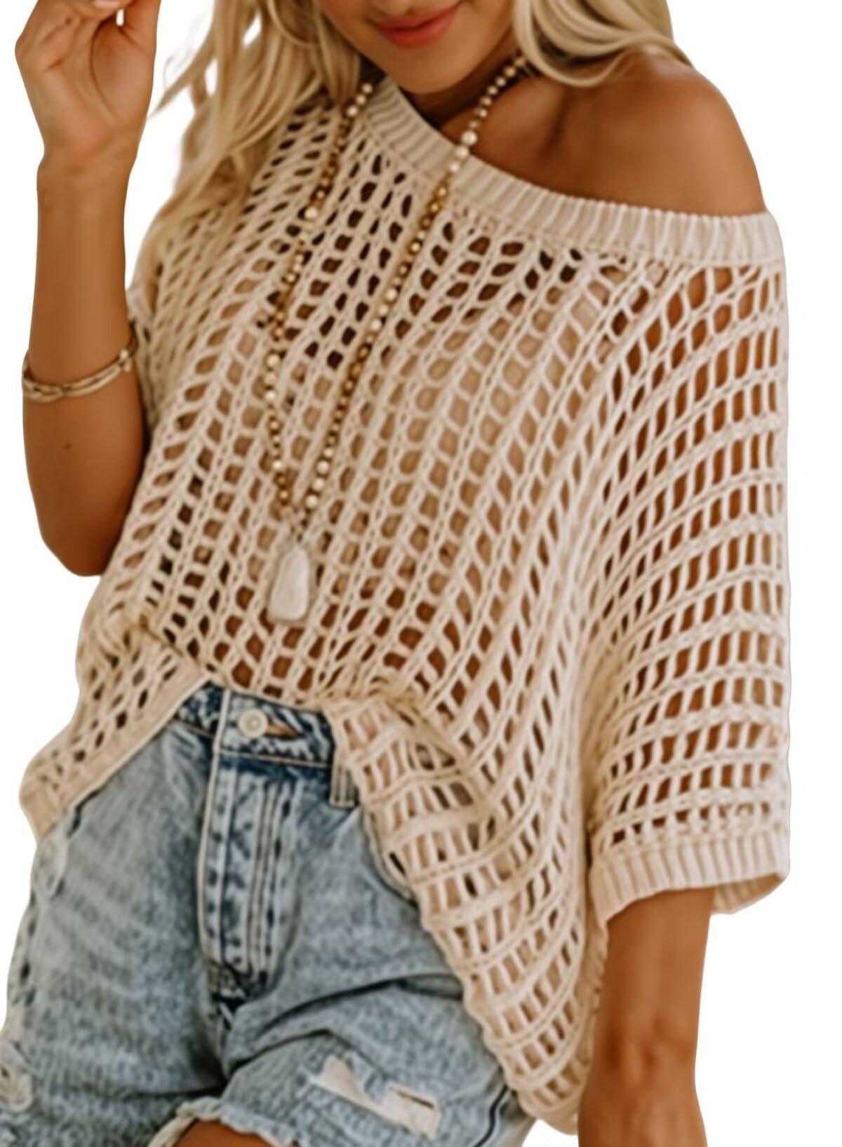 ๐2025 New Hot Sale- Womens Summer Scoop Neck Short Sleeve Sweater Casual Crochet Hollow Out Knit Tops Pullover Shirts Beach Coverup