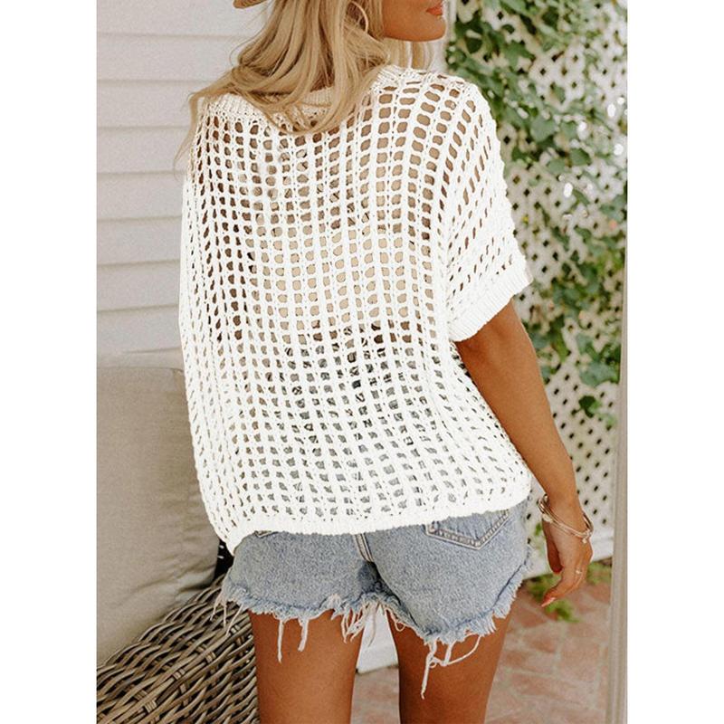 ๐2025 New Hot Sale- Womens Summer Scoop Neck Short Sleeve Sweater Casual Crochet Hollow Out Knit Tops Pullover Shirts Beach Coverup