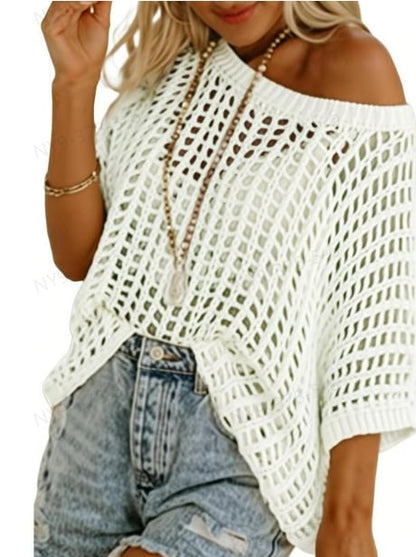 🎁2025 New Hot Sale- Womens Summer Scoop Neck Short Sleeve Sweater Casual Crochet Hollow Out Knit Tops Pullover Shirts Beach Coverup